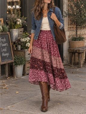 NWOT HEROES & DREAMERS burgundy whimsy boho floral midi maxi prairie skirt L